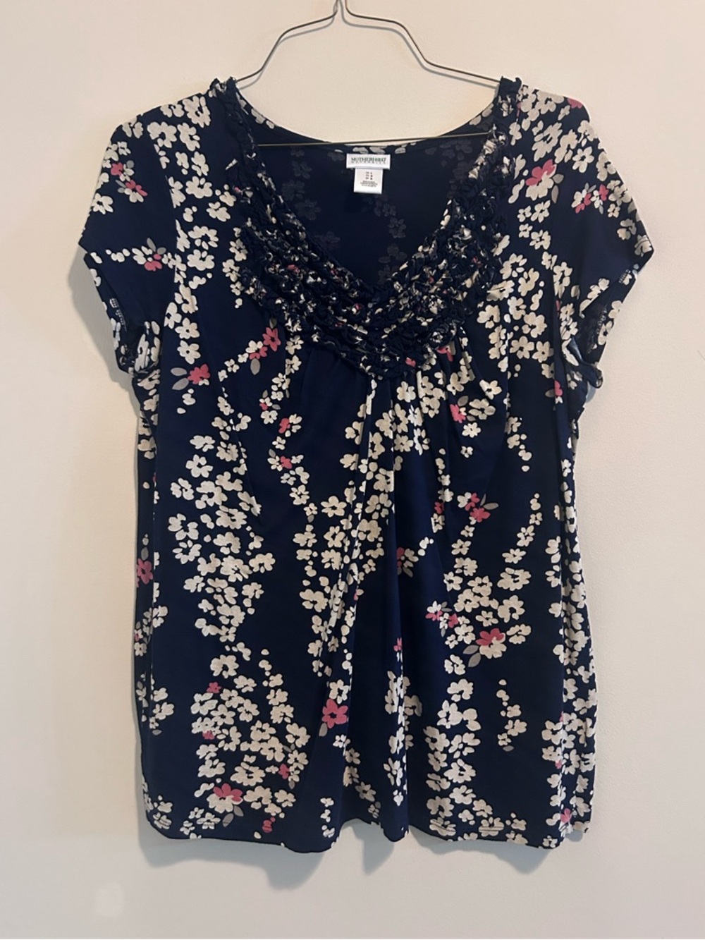 Motherhood Maternity Navy‎ Floral Short Sleeve Ruffle-Trim Blouse